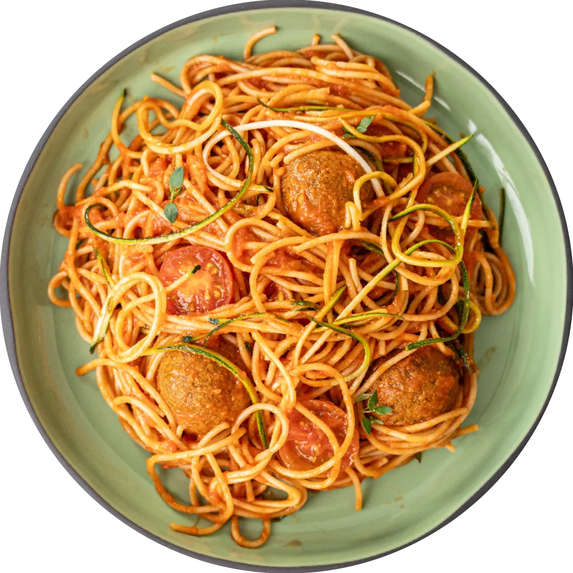 almôndegas veggie com massa integral, curgete e molho de tomate caseiro