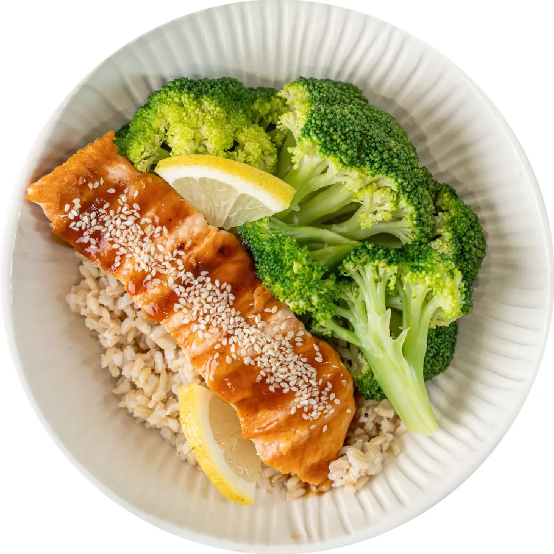 Salmão teriykia com arroz integral; marmita salmão;